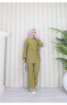 Mitodo Modal Kumaş Taş Detaylı 2 Li Takım Gizli Fermuarlı Tunik, Lastikli Cepli Pantolon Yağ Yeşili Mitodo Modal Kumaş Taş Detaylı 2 Li Takım Gizli Fermuarlı Tunik, Lastikli Cepli Pantolon Yağ Yeşili