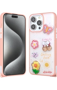 Apple Uyumlu iPhone 15 Pro Max Kılıf Parlayan Simli Kabartma Figürlü Zore Cevze Kapak Pembe