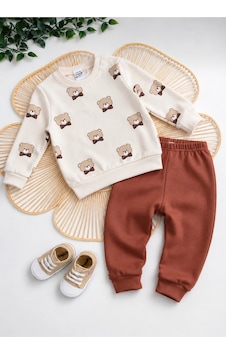 Mou&kou Bebek Ayıcık Desenli 2 Li Takım Sweatshirt Ve Alt Seti, Yumuşak Konforlu Günlük Kıyafet Kahverengi Mou&kou Bebek Ayıcık Desenli 2 Li Takım Sweatshirt Ve Alt Seti, Yumuşak Konforlu Günlük Kıyafet Kahverengi