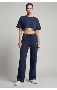 Woneagle Kadın Lacivert Crop Kısa Kollu Sweatshirt Ve Geniş Paça Alt 2'li Eşofman Takımı Lacivert Lacivert
