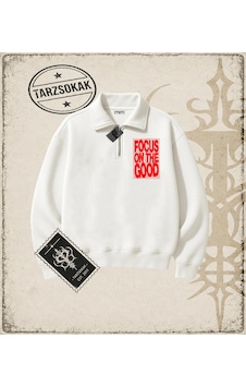 Tarzsokak Gotik & Grunge Streetwear Focus On The Good Yarım Fermuarlı Sweatshirt Beyaz Tarzsokak Gotik & Grunge Streetwear Focus On The Good Yarım Fermuarlı Sweatshirt Beyaz