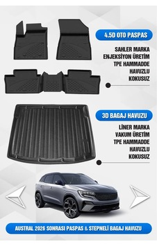 Sahler Renault Austral 2022-2026 Uyumlu 4.5d Premium Havuzlu Oto Paspas Ve Liner Marka 3d Bagaj Havu