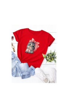 Unisex Sweet Cat Baskılı Oversize T-shirt Kırmızı Unisex Sweet Cat Baskılı Oversize T-shirt Kırmızı