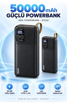 Emia 50000 Mah P32-5 22.5w Hızlı Şarjlı Powerbank, 20w Pd, Dahili Type-c Ve Lightning Kablolu, Led G Çok Renkli