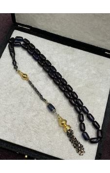 Gold Renkli Alpaka Aksamlı İspirto Yansımalı Ateş Kehribar Tesbih 7x11 Mm Siyah