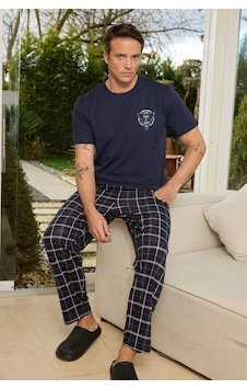 Relax Mode Erkek Penye Laci Baskılı Kısa Kol Alt Uzun Pijama Takımı - 6561-2r Lacivert