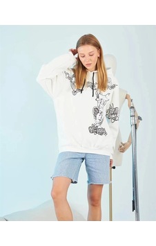 Primemagazam Kadın Oversize Kapüşonlu Baskılı 3 İplik Pamuklu Hoodie Sweatshirt - Beyaz Çeşitli Primemagazam Kadın Oversize Kapüşonlu Baskılı 3 İplik Pamuklu Hoodie Sweatshirt - Beyaz Çeşitli