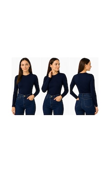 İngegno Body Bisiklet Yaka Uzun Kol Örme Kumaş Viskon Kadın Body Lacivert