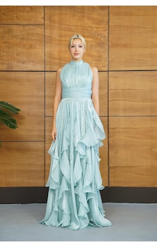 Livanomi Halter Yaka Eteği Fırfırlı Mint Abiye Livanomi Halter Yaka Eteği Fırfırlı Mint Abiye