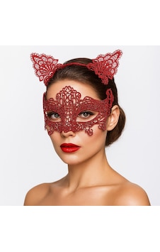 Romantik Kırmızı Dantel Maske Seti Kedi Kulaklı Taç Ve Maske No 3