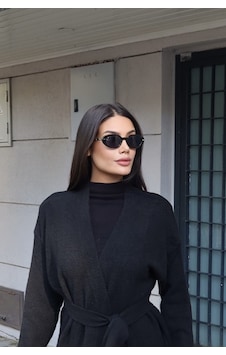Kechi Woman Triko Kuşaklı Uzun Hırka Siyah