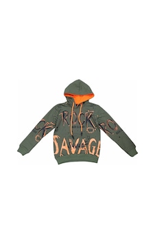 İrem Çocuk Giyim Erkek Çocuk Rock Yazı Desenli Kapüşonlu Haki Renk Sweatshirt Haki