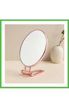 Vaveni Oval Çift Taraflı Makyaj Aynası 16.5x13 Cm Katlanır Ayaklı Bakır Arz