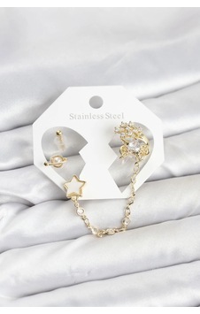 Pirinç Gold Renk Yıldız Model Zincir Bağlantılı Ear Cuff Küpe Seti Diğer
