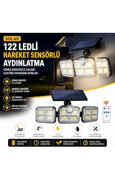 3&apos Lü 122 Ledli Güneş Enerjili Hareket Sensörlü Aydınlatma, Dış Mekan Duvar Ve Bahçe Lambası Solar Led 5570 3&apos Lü 122 Ledli Güneş Enerjili Hareket Sensörlü Aydınlatma, Dış Mekan Duvar Ve Bahçe Lambası Solar Led 5570