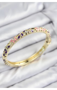 Mineli Pirinç Zirkon Taşlı Pembe Mor Çiçek Motifli Gold Kadın Kelepçe Çok Renkli Mineli Pirinç Zirkon Taşlı Pembe Mor Çiçek Motifli Gold Kadın Kelepçe Çok Renkli