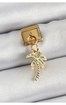 316l Çelik Sallantılı Zirkon Taşlı Palmiye Ağacı Model Gold Renk Charm Gümüş