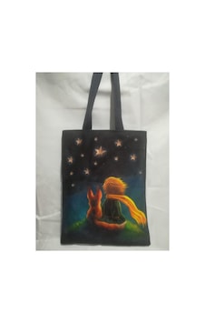 Owl Bag Küçük Prens Desenli Tasarım Kumaş Omuz Çantası Lacivert Sarı Yesil