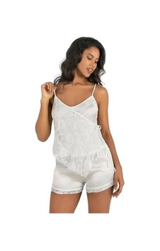 Ang Butik Kadın Dantel İşlemeli 2'li Ekru Saten Şort Takımı Ang Butik Kadın Dantel İşlemeli 2'li Ekru Saten Şort Takımı