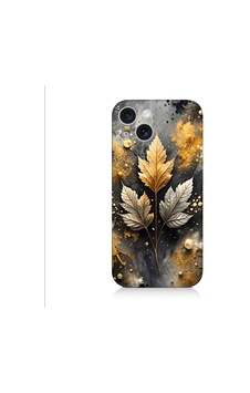 Apple Uyumlu iPhone 15 Plus Altın Yapraklar Desenli Silikon Kılıf Silikon