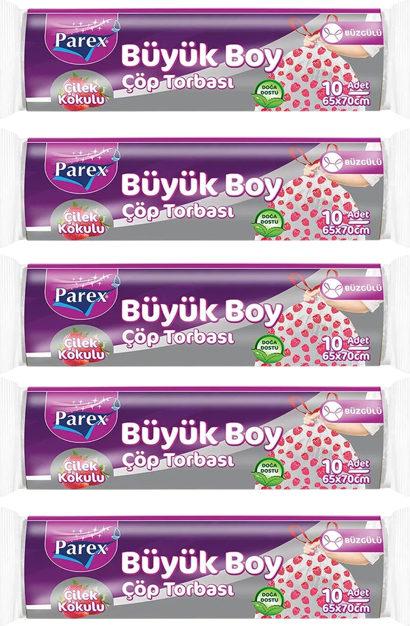 Premium 10'lu Büzgülü Çöp Torbası Çilek Kokulu Büyük Boy 65 X 70 Cm Beşli Paket