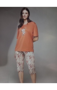 3nbe Kadın Büyük Beden Kısa Kollu Pijama Takımı Turuncu 2438
