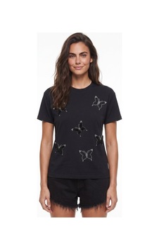 Onloox Kadın Siyah Siyah Pamuklu Penye Kumaş Bisiklet Yaka Kısa Kollu İnci Taş İşlemeli Detaylı Tshirt Onloox Kadın Siyah Siyah Pamuklu Penye Kumaş Bisiklet Yaka Kısa Kollu İnci Taş İşlemeli Detaylı Tshirt