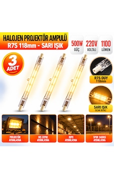 Halojen Projektör Ampulü 500w 220v R7s 118mm Sarı Işık 1100 Lümen 3 Adet