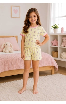 Tenra Kız Çocuk Pamuklu Şortlu Pijama Takımı 3-12 Yaş Sarı Tenra Kız Çocuk Pamuklu Şortlu Pijama Takımı 3-12 Yaş Sarı