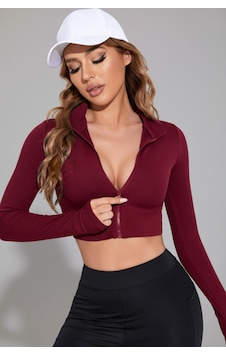 Fantezia Night Kadın Bordo Uzun Kol Fermuarlı Parmak Geçme Detaylı Dik Yaka Crop Top Bluz