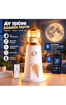 Hymark Deniz Feneri Ay Led Projeksiyon Lamba Bluetooth Hoparlör Kumanda Dimmer 2400 Mah Pil Beyaz