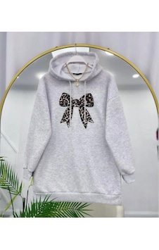 Lovie Moda Kadın Leopar Fiyonk Baskılı Sweatshirt Gri