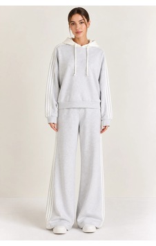 Mevese Kadın Kapüşonlu Oversize Sweatshirt & Bol Eşofman Altı İkili Takım- Gri-beyaz
