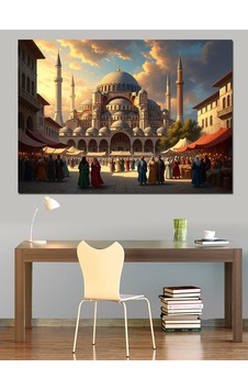 İstanbul Camileri Ve Şehir Kalabalığı Dekoratif Kanvas - Mdf Ahşap Tablo