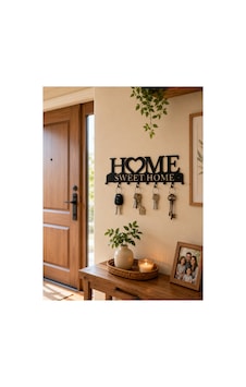 Dekoratif Metal Anahtarlık Askılığı Home Sweet Home Duvar Tipi Anahtar Tutucu 10 Kancalı Anahtarlık Siyah Anahtarlık