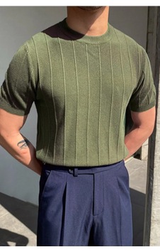 Erkek Slim Dar Bisiklet Yaka Düz Triko T-shirt Haki Erkek Slim Dar Bisiklet Yaka Düz Triko T-shirt Haki