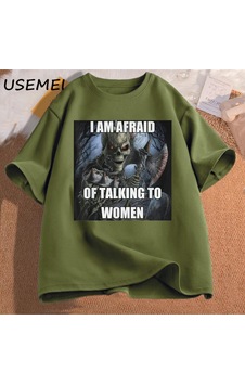 Flood Of Style Ben Kadın T-shirt Erkek Pamuk Kısa Kollu Tees İle Konuşmaktan Korkuyorum Komik Sert İskelet M Yeşil