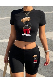Tarzsokak Yaz Ayı Maskesi Giyen Baskılı Kırpma T-shirt Şort Kadın İki Parçalı Set Üstleri Pantolon Yüks Siyah