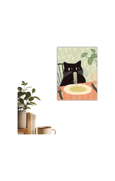 Makarna Yiyen Siyah Kedi İllüstrasyon Poster - Komik Mutfak Duvar Dekoru Makarna Yiyen Siyah Kedi İllüstrasyon Poster - Komik Mutfak Duvar Dekoru