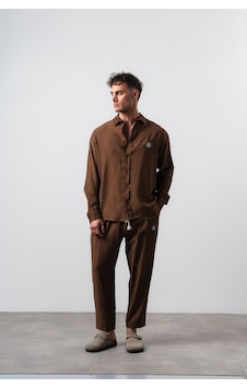 Erkek Keten Oversize Gömlek Pantolon Takım Kahve Kahverengi Erkek Keten Oversize Gömlek Pantolon Takım Kahve Kahverengi