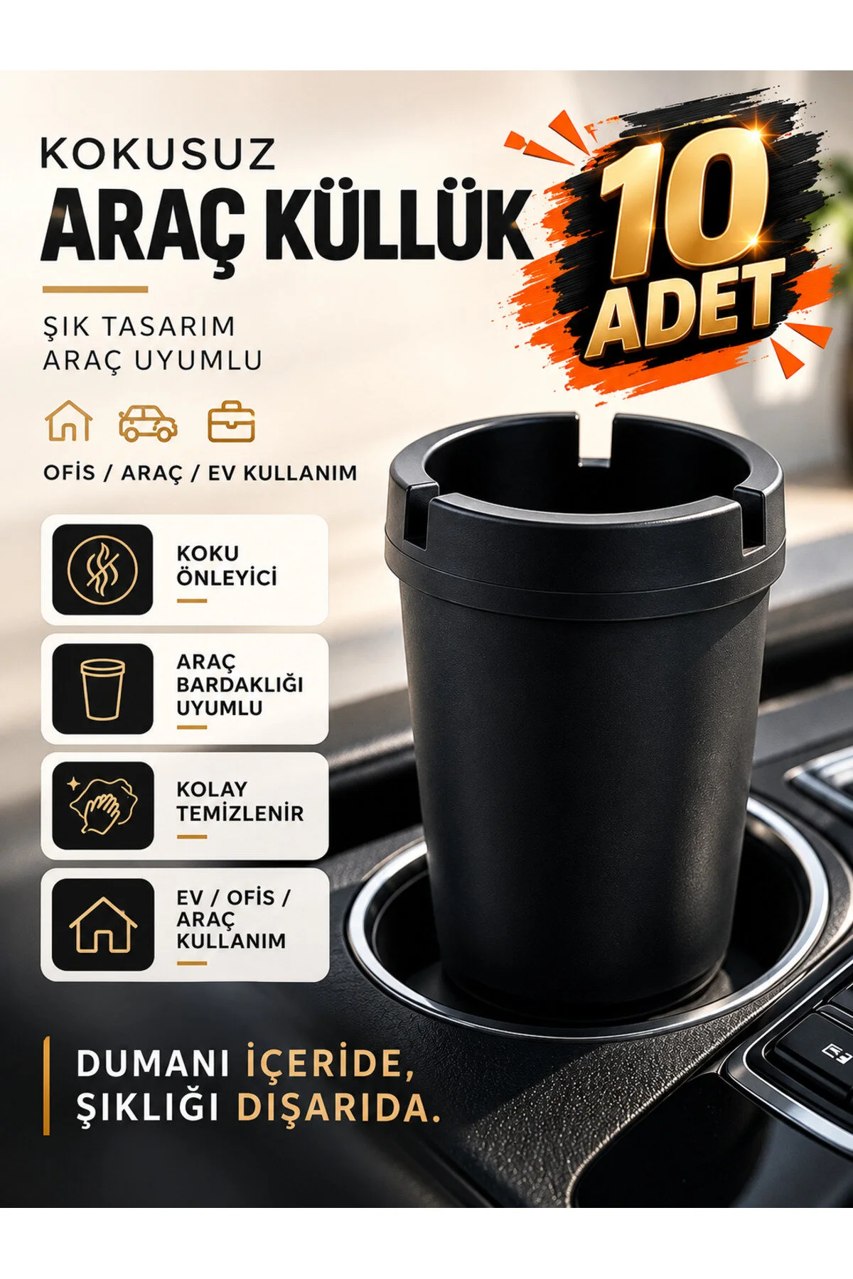 10 Adet Araç İçi Çakmaklıklı Küllük Siyah