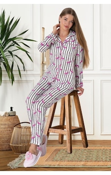 Lohusa Sepeti Lohusasepeti Flamingo Temalı Önden Düğmeli Lohusa Pijama Takımı Ekru - 5923 001