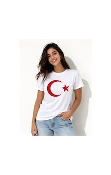 Vexor T-shirt Kısa Kol Bisiklet Yaka Ay Yıldız Bayrak Baskılı Tişört - Beyaz