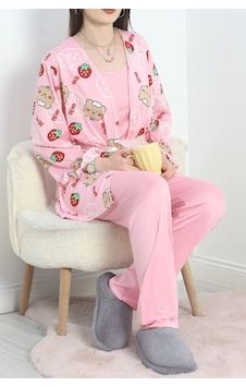 Seka Store Seka Milan Kumaş 3'lü Set Pijama Takımı Pembedesenli - 70103.1857. Çok Renkli Seka Store Seka Milan Kumaş 3'lü Set Pijama Takımı Pembedesenli - 70103.1857. Çok Renkli