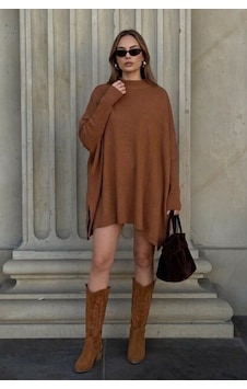 Onno Style Women Düz Triko Standart Panço Kahverengi Onno Style Women Düz Triko Standart Panço Kahverengi
