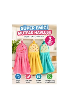 Mucit Home Mutfak Havlusu 3 Adet Süper Emici Kurutma Havlusu Asılabilir Pembe