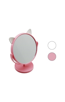 6 İnç - 15cm - Yuvarlak Kulaklı Renkli Plastik Makyaj Aynası Ayaklı Beyaz - Pembe