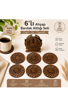 6'lı Mdf Ceviz Desenli Bardak Altlığı