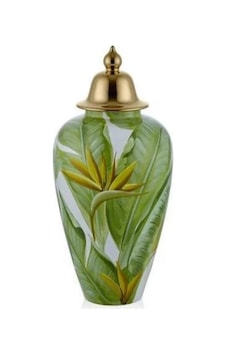 Lamedore Yeşil Yaprak Desenli Kapaklı Küp Küçük Boy 23x49,5 Cm Yeşil