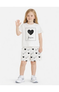 Name Baby & Kids Kız Çocuk Şortlu Yazlık Pijama Takımı Kalp Temalı Nbk-6146 Ekru